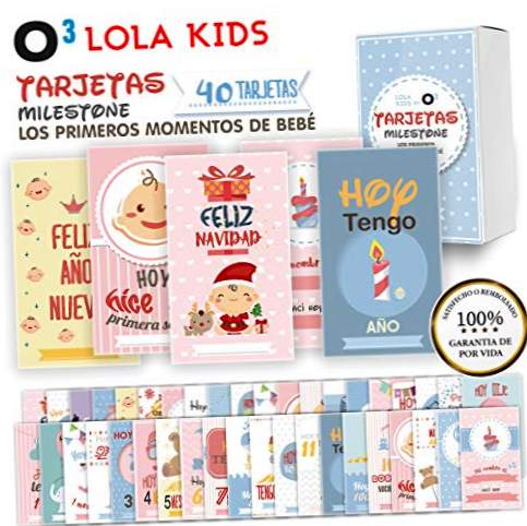 O³ Milepæl Babykort Lola Børn - 40 breve på spansk til førsteårs baby med gaveæske - Unikt design | Souvenirkort - Milepælkort - Nyfødte gaver - Babyshower