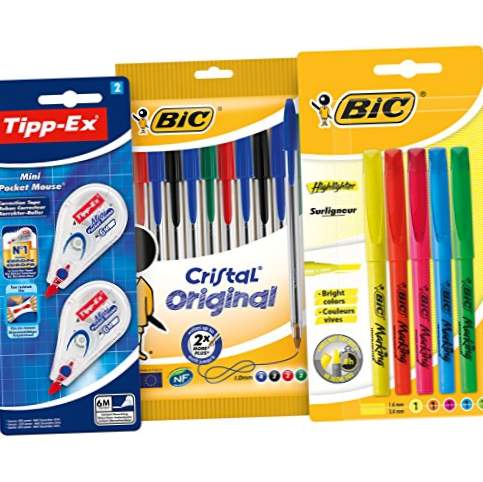 Conjunto de 10 canetas BIC e Tipp-Ex de volta à escola, 5 marcadores fluorescentes e 2 fitas de correção