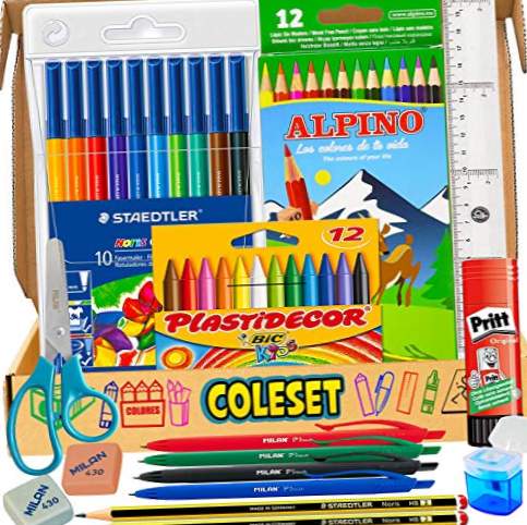 Voltar para o material escolar e material escolar para artigos de papelaria - lápis de madeira, marcadores, ceras e acessórios para a escola primária