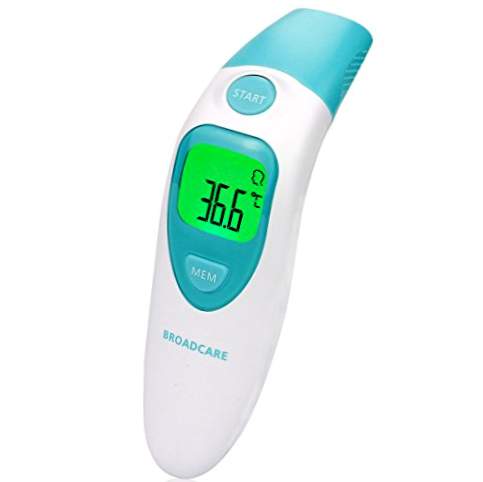BROADCARE Termômetro digital de testa e orelha Termômetro infravermelho médico de alta precisão 3 EM 1 para bebês e crianças, alarme de febre, temperatura ambiente azul (bateria incluída)