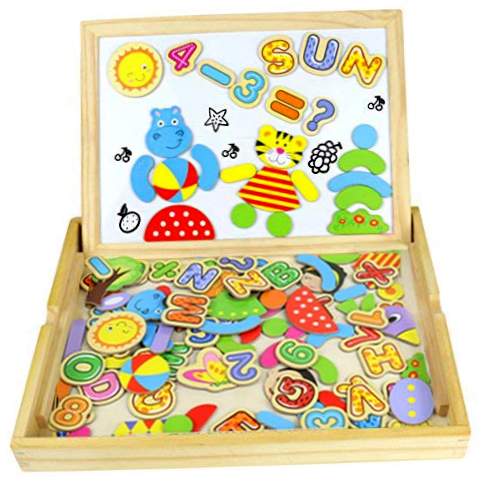 Placa magnética de desenho Dupla face de madeira Placa magnética Puzzle Jogos de quebra-cabeça de madeira magnética Brinquedos educativos para crianças 90 peças (número e letra)