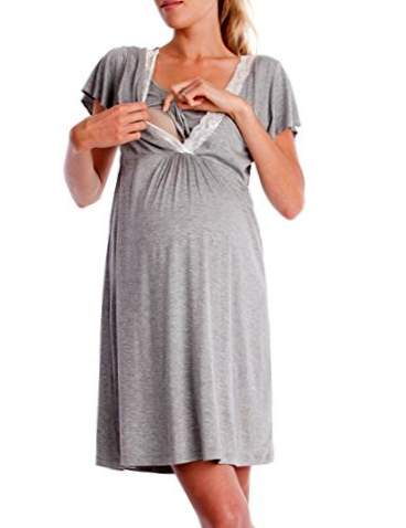 Camisola listrada de mangas curtas para amamentação, pernoites hospitalares e maternidade.