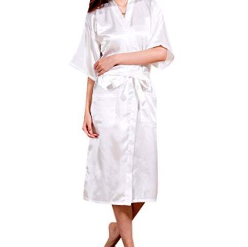 SiDiOU Group Natkjole Satin Robe Lang Kimono Kjole Kvinder Pyjamas Nattøj Badekåbe (L, hvid)