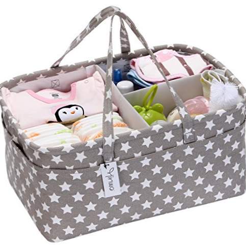 Cesta de armazenamento para fraldas para bebês, organizador de carros, cesta de presentes para recém-nascidos, com separador removível e 10 bolsos invisíveis para fraldas e toalhetes, estrela cinza