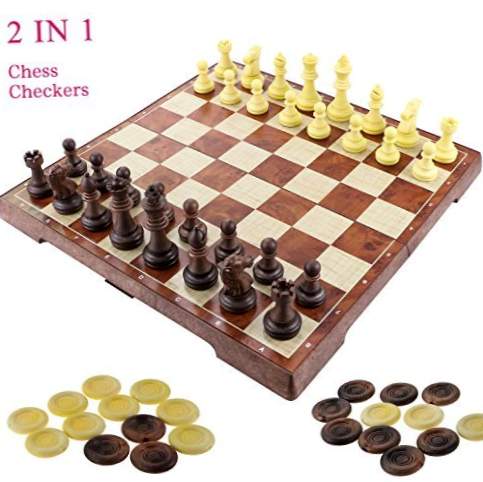 Fixge 2 σε 1 σκάκι σετ-12 "x12" Ξύλινο σκάκι και πούλια σετ με φορητό πτυσσόμενο αποθηκευτικό σκάκι σκάκι παιχνιδιών