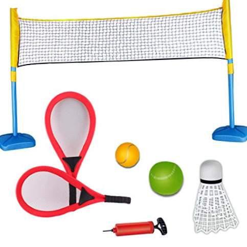 deAO 3-i-1 racket sportsæt til tennis, badminton og squash sæt børns sportsspil inkluderer rackets, bolde og net