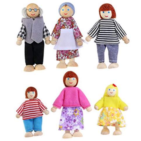 NUOLUX 6pcs giocattoli di marionette di legno bambole di famiglia di cartoni animati per bambini casa da gioco regalo (colore casuale)