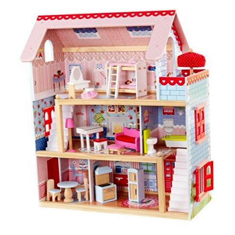 KidKraft 65054 Chelsea Doll Cottage trædukkehus til 12 cm dukker med 16 tilbehør inkluderet og 3 spilniveauer