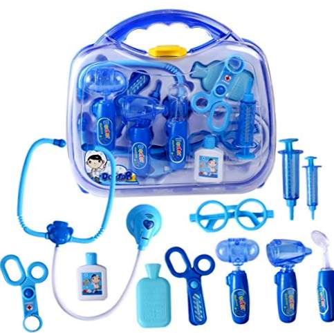 Cartella medica MRKE Giocattolo da 12 pezzi Kit di giochi di ruolo per bambini e bambine 3 anni (blu)