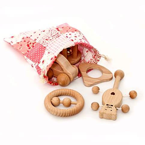 Coskiss Puzzle Toys Desenvolvimento intelectual infantil Brinquedos Montessori Set Chocalho de dentes de madeira para amamentar Divertido e divertido bebê (menina)