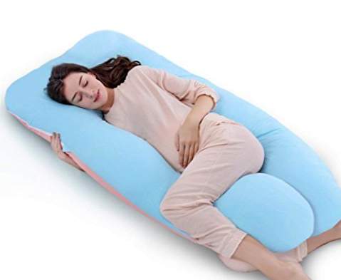 QUEEN ROSE Almofada em forma de U, almofada para gravidez e maternidade com capa removível e lavável (140 x 78 cm, Algodão, Azul e Rosa)