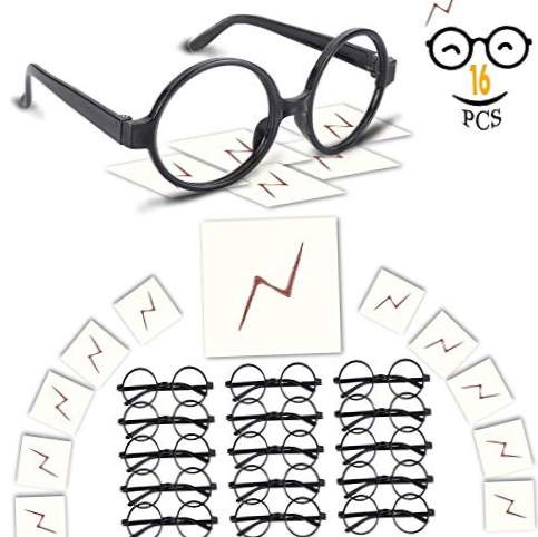 Wuree assistentbriller med rund ramme uden linser og lynboltatoveringer til børn Harry Potter, Halloween, St. Patrick kostumefest, pakke med 16 enheder hver, sort