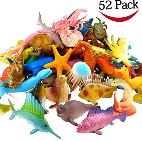 YeoNational Toys Animais de brinquedo, sortimento de 52 mini figuras de animais marinhos de plástico, fauna subaquática realista para brincar no banho, festa educacional no mar, enfeite de bolo ou cupcake