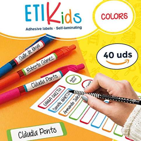 ETIKIDS 40 Etiquetas adesivas laminadas personalizáveis ​​multifuncionais (coloridas) para creche e escola.